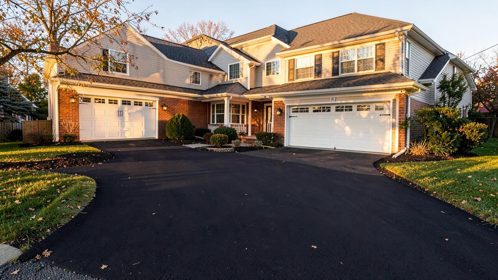 Freshly paved asphalt driveway at a New Jersey home